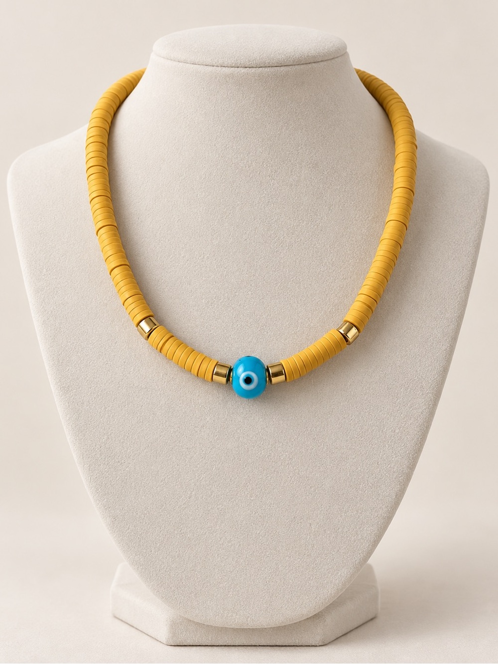 Handmade Mustard Heishi Bead Necklace with Blue Evil Eye Accent
